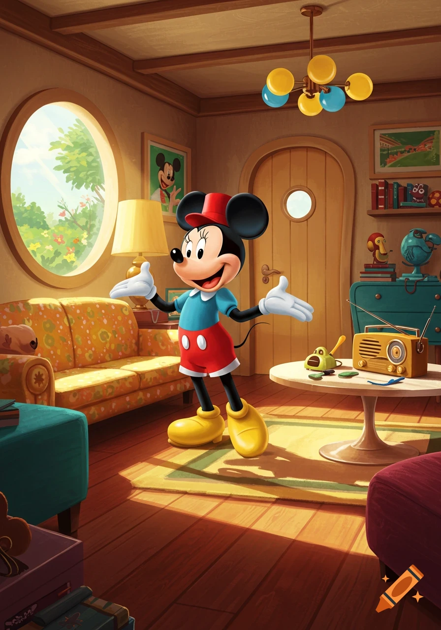 Minnie Mouse stands in a colorful, sunny cartoon living room with her arms open, smiling.