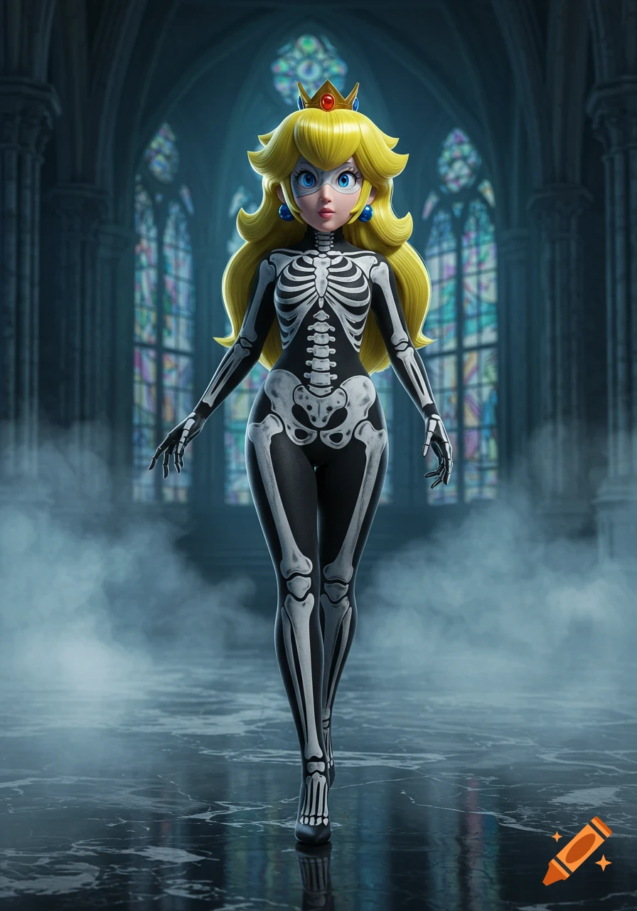 Princess Peach in a skeleton bodysuit walks in a dark, gothic hall with stained-glass windows and mist in a 3D style.