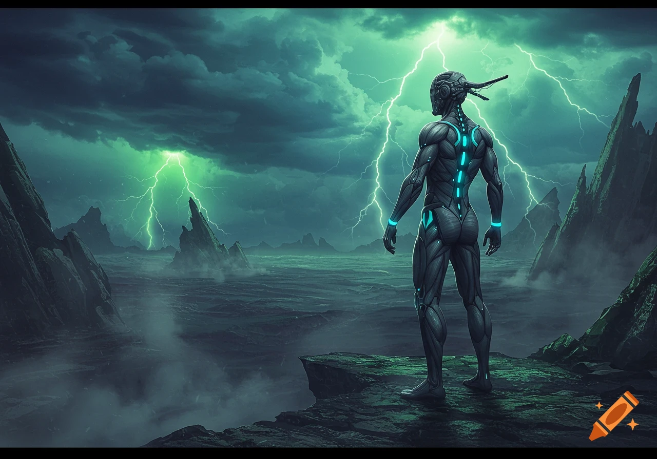 A futuristic figure with glowing blue accents stands on a rocky cliff overlooking a stormy, misty, green landscape with lightning strikes.