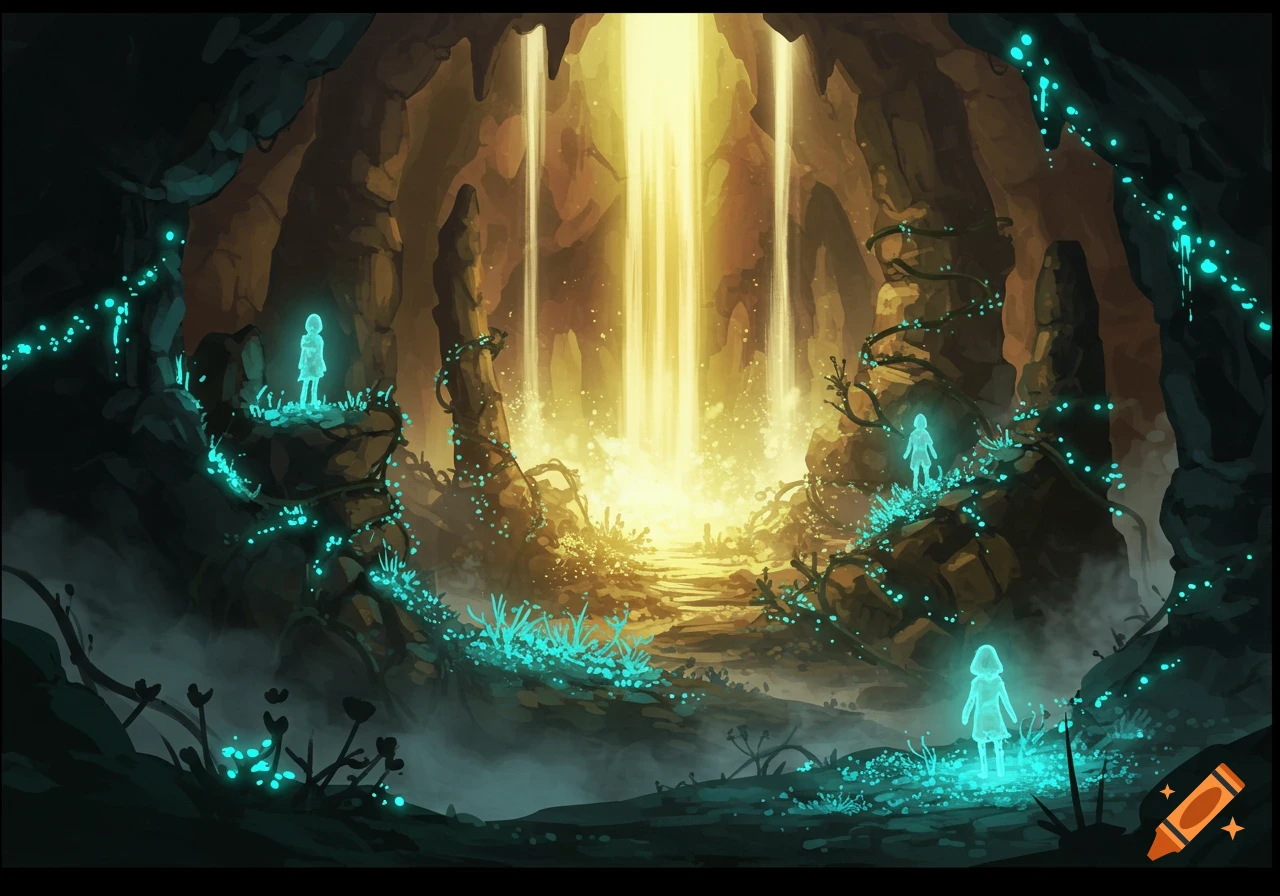 A luminous fantasy cave with glowing blue plants, winding vines, golden light beams, and three ethereal humanoid figures.