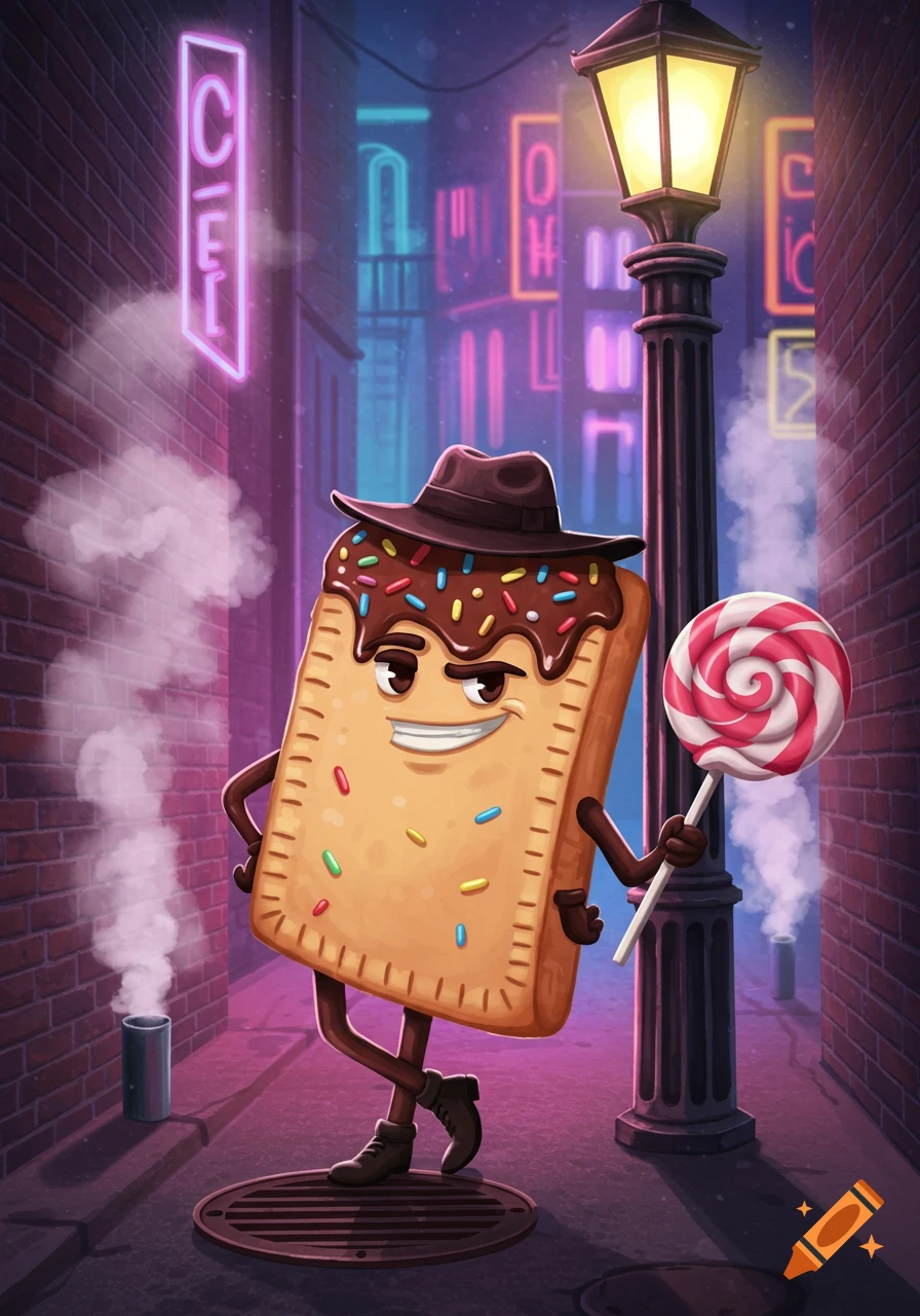 A cartoon Pop-Tart gangster character in a fedora, holding a lollipop, smirks in a neon-lit alleyway.