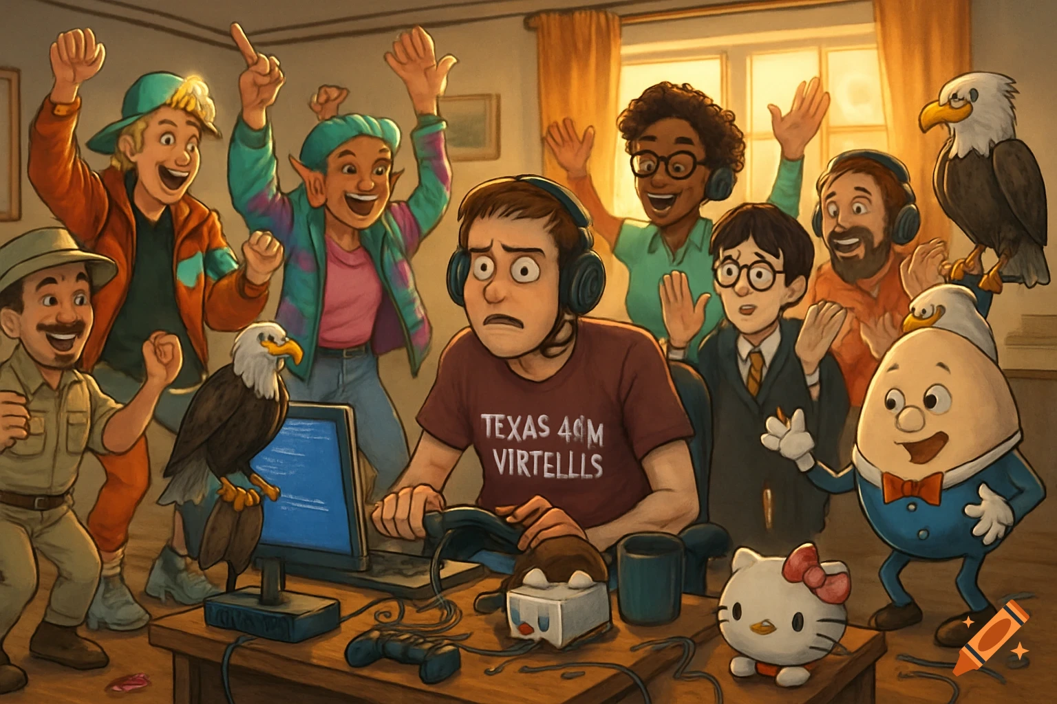 A frantic gamer at a desk with a computer and Hello Kitty, surrounded by cheering diverse characters, two bald eagles, and Humpty Dumpty in a cartoon style.