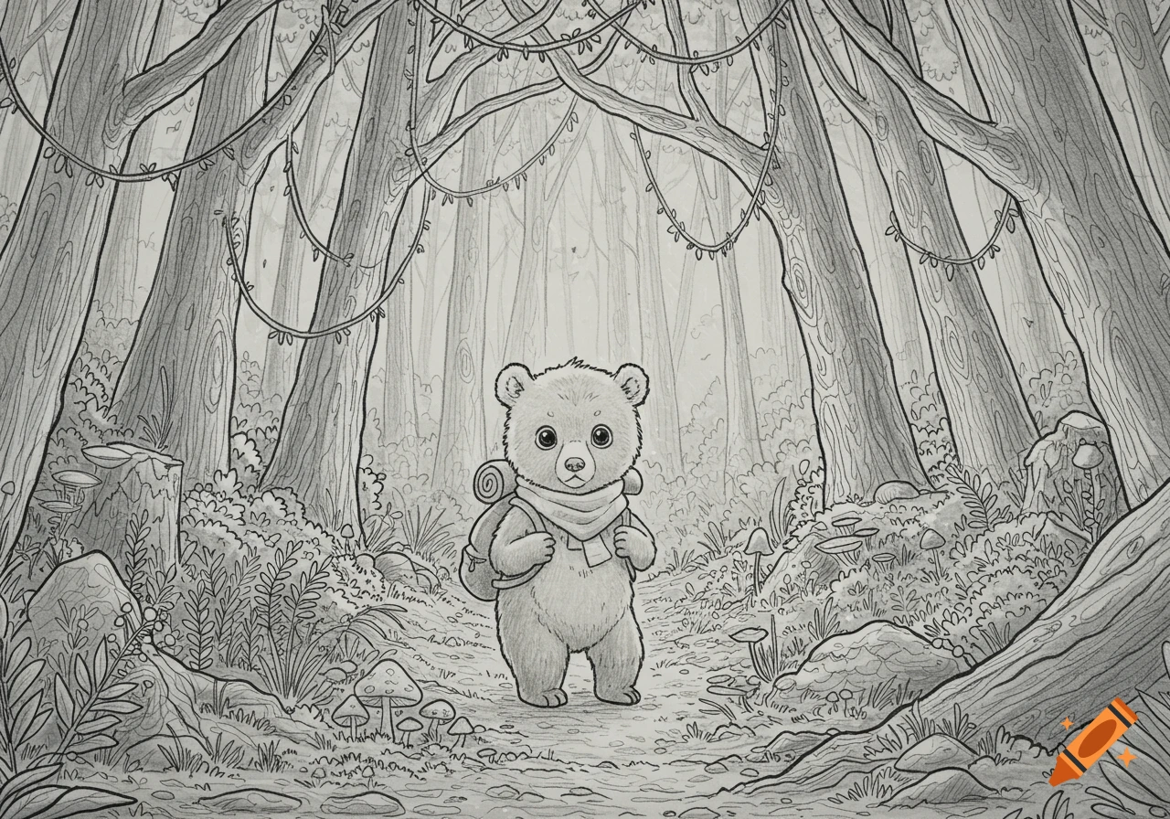 A cute line art illustration of a bear cub with a backpack and scarf standing on a path in a forest with arching trees and mushrooms.