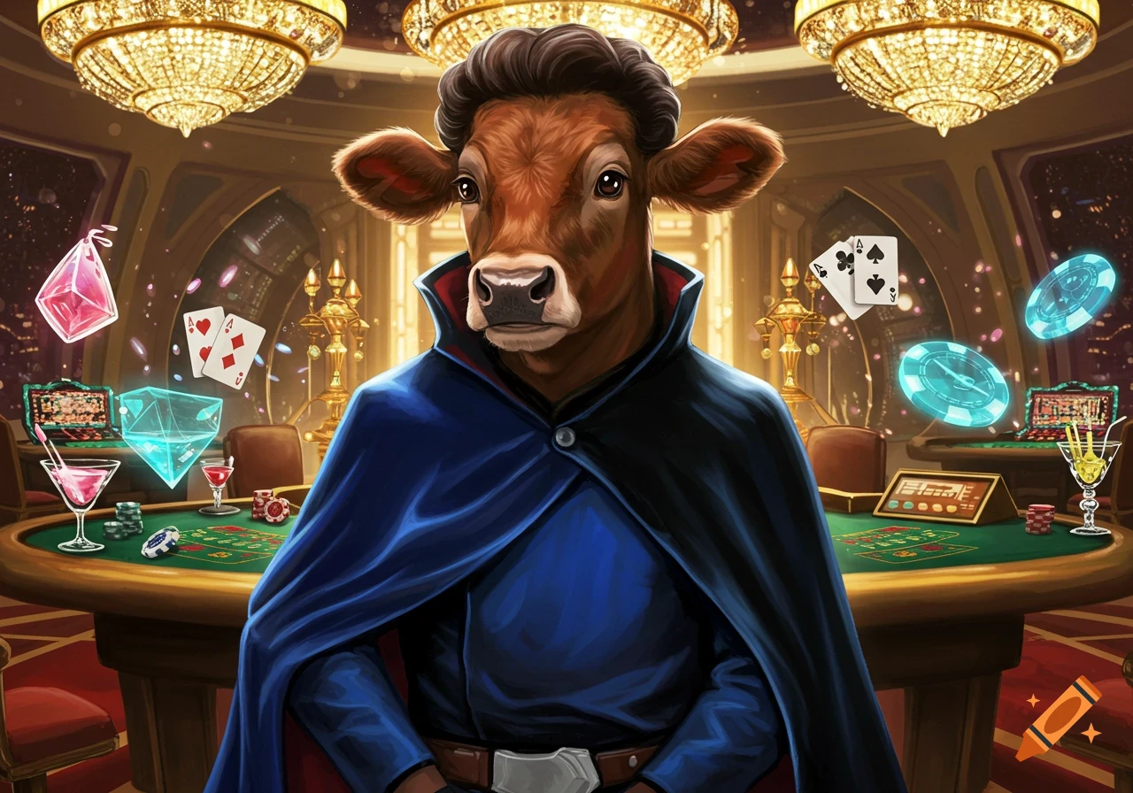 A cow in a blue cape stands in a grand casino with chandeliers, floating cards, and poker chips.