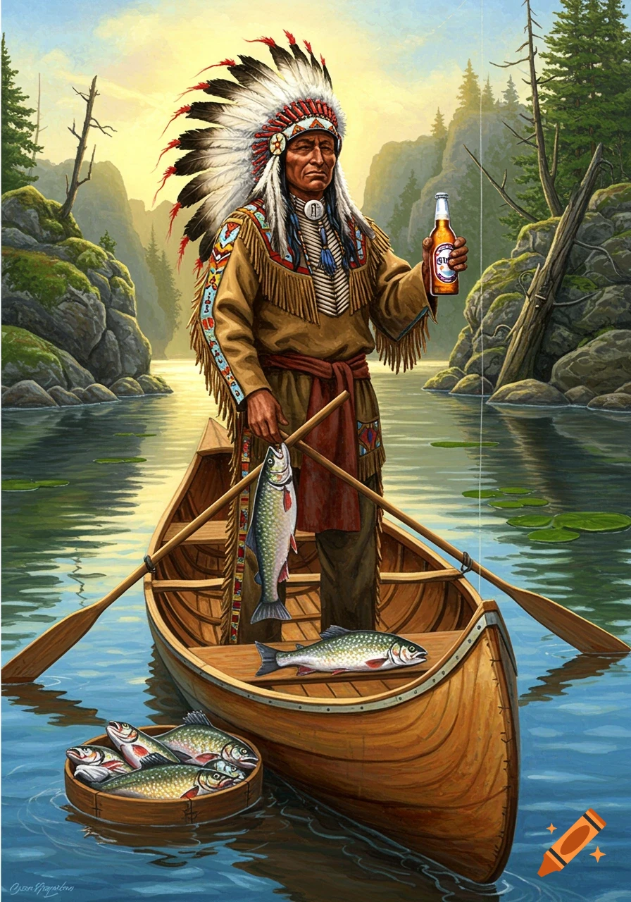 A Native American chief in traditional clothing stands in a canoe on a lake, holding a caught fish and a beer, with more fish in a basket.