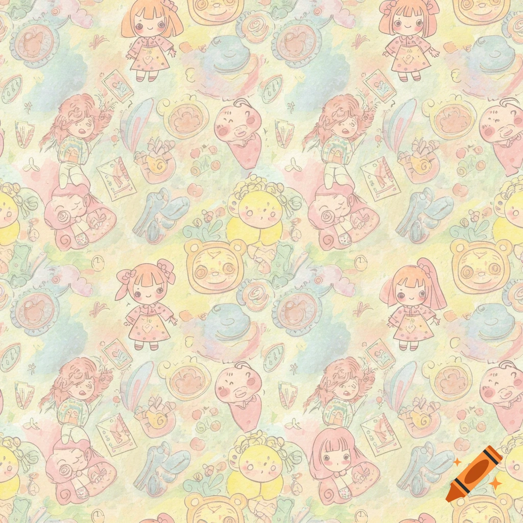 A seamless pastel watercolor pattern featuring cute cartoon girls, bear faces, bunny-like figures, and whimsical doodles.
