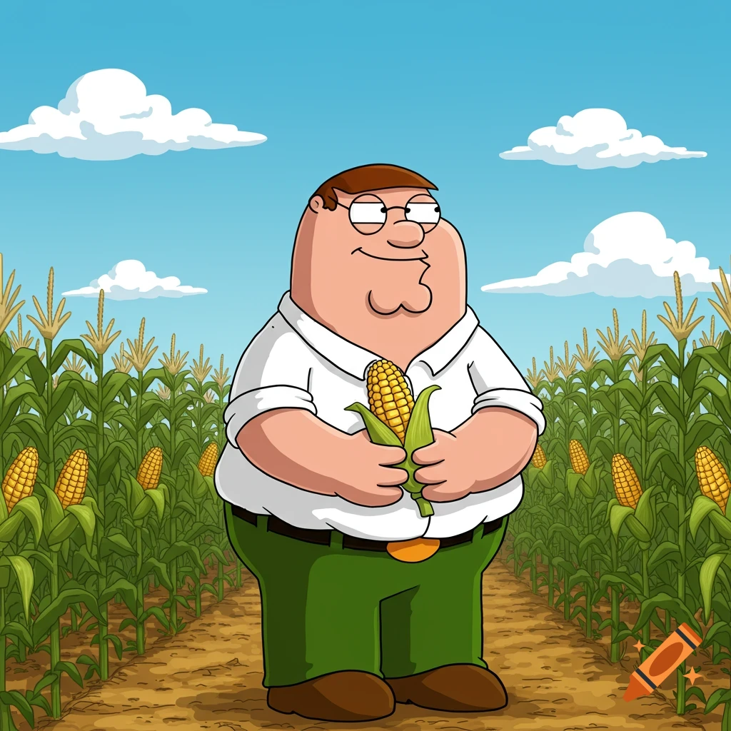 Peter Griffin standing in a cornfield under a blue sky, holding an ear of corn, in a cartoon style.