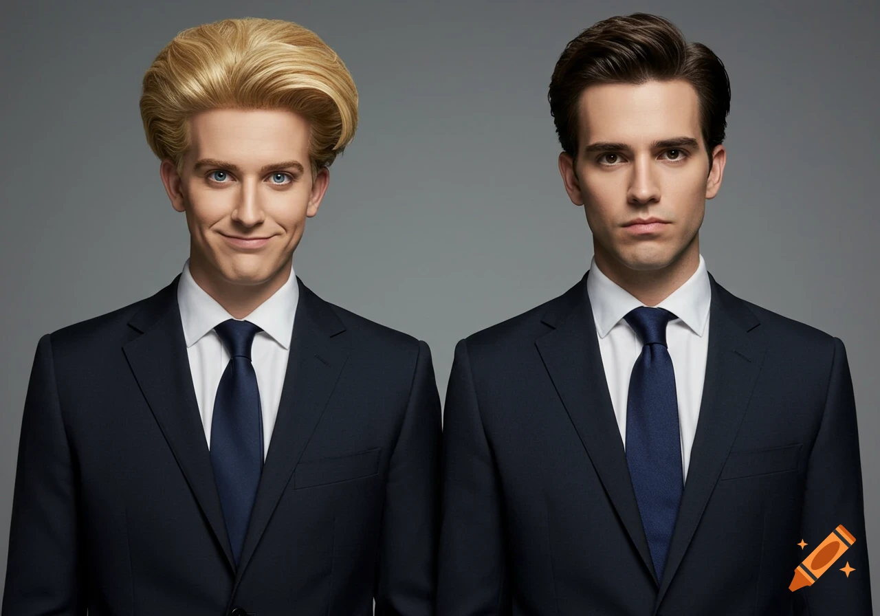 Two men in dark suits and ties, one with blonde hair smirking and the other with dark hair looking serious, against a gray background.