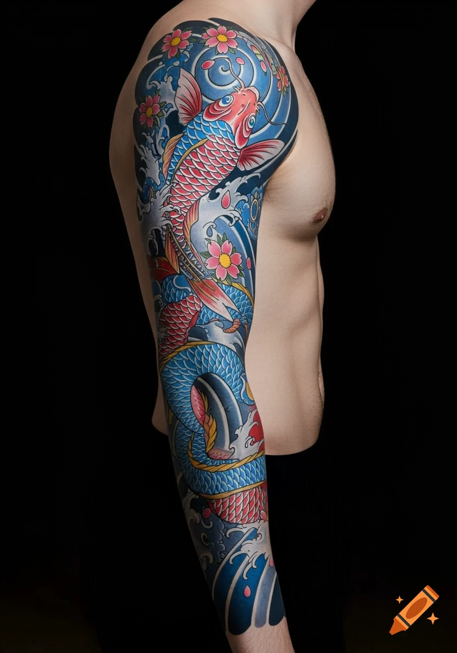 A man's arm adorned with a vibrant Japanese full sleeve tattoo depicting a red koi fish, a blue dragon, waves, and pink cherry blossoms on a dark background.