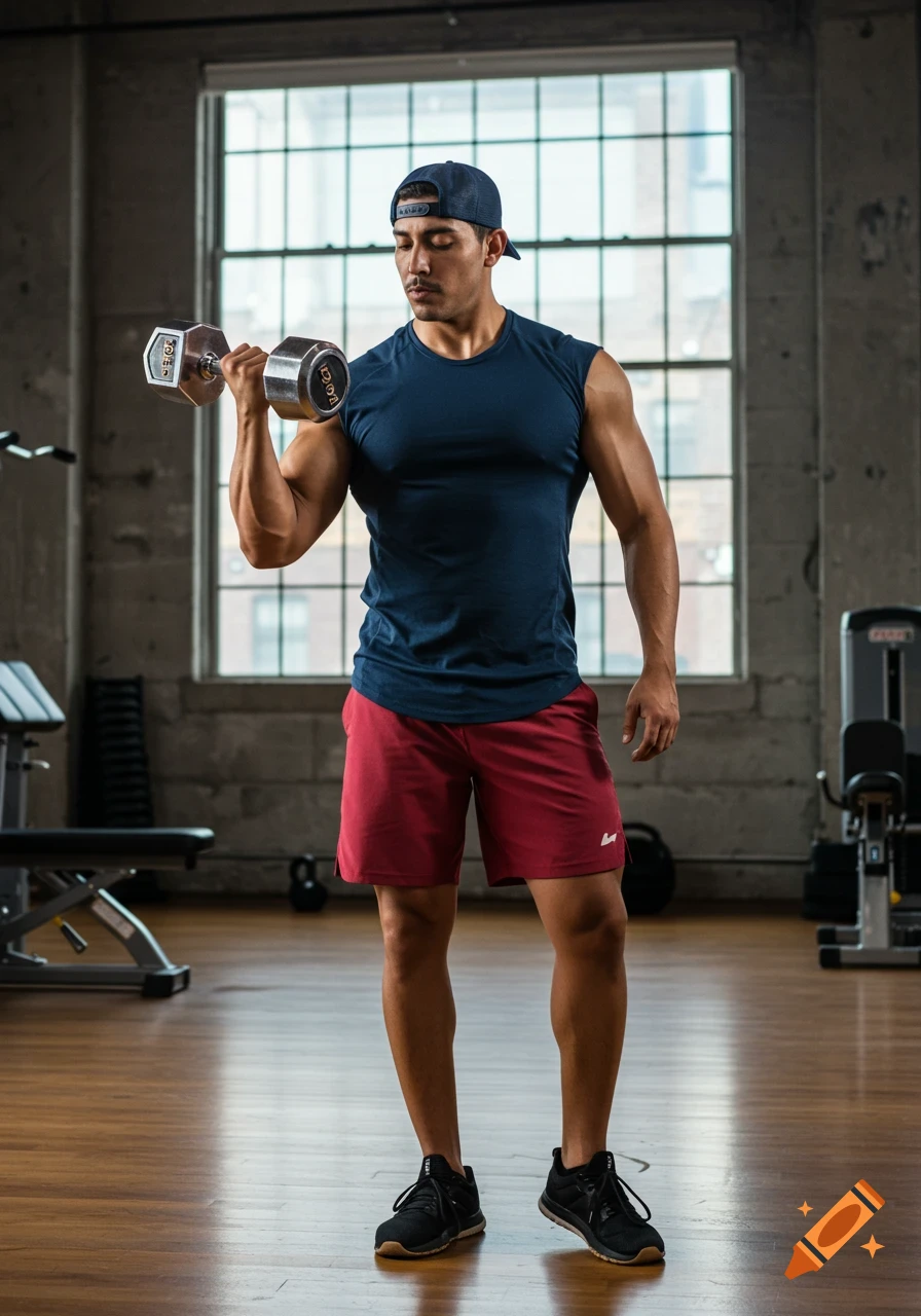 A muscular Hispanic man in a navy tank top and red shorts lifts a dumbbell in a gym.