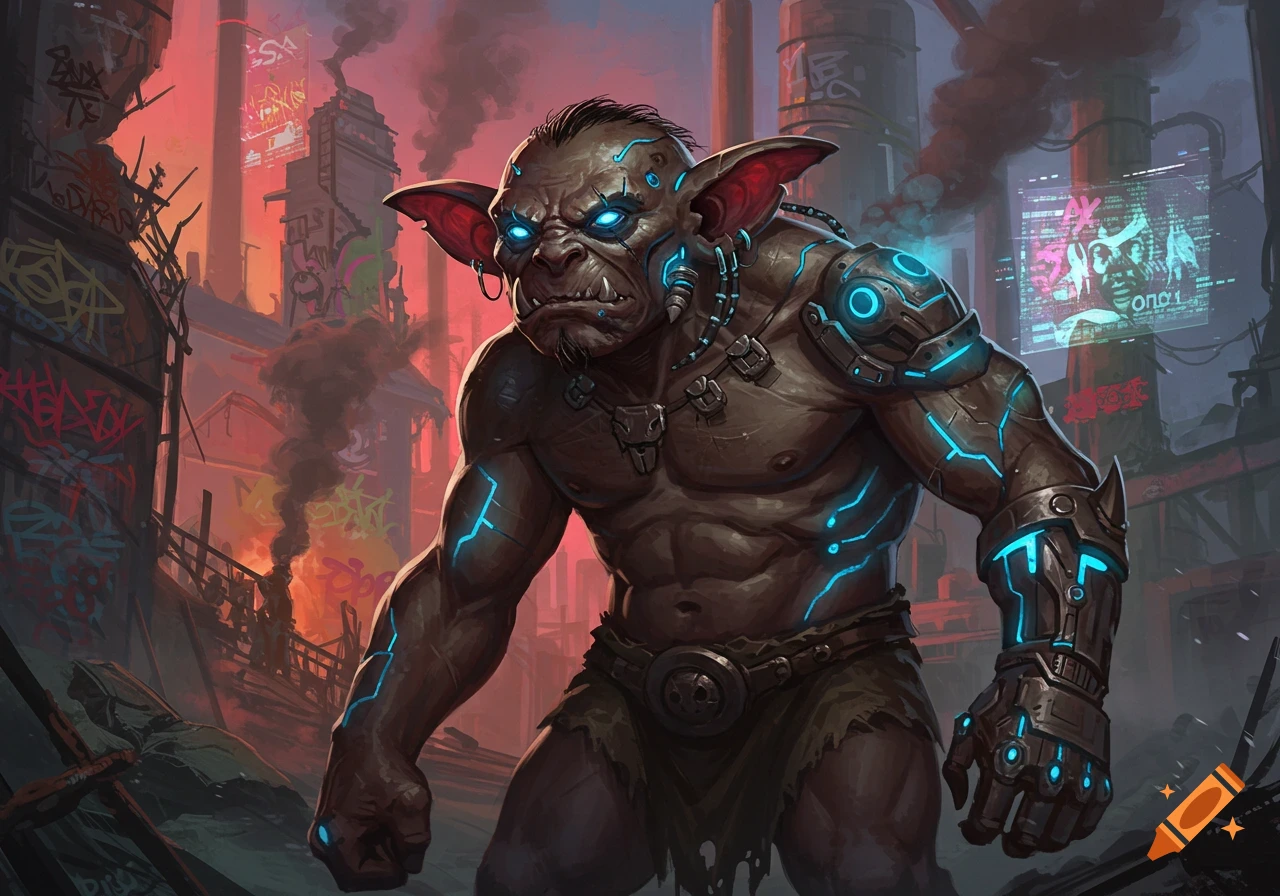 A muscular hobgoblin with glowing blue cybernetic enhancements stands in a dystopian cyberpunk city filled with smoke and graffiti.