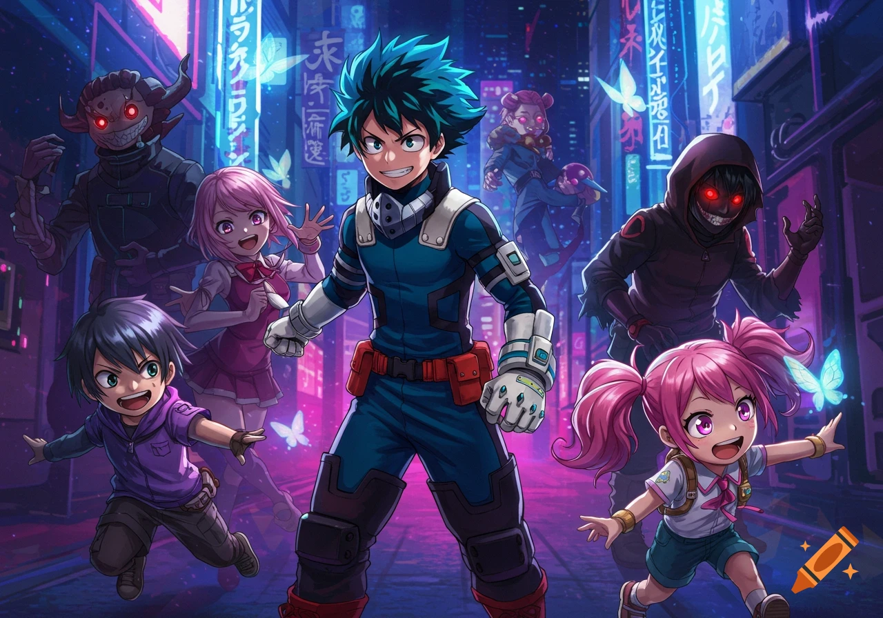 An anime scene featuring Izuku Midoriya and several other characters, including children and shadowy figures, in a neon-lit city at night.