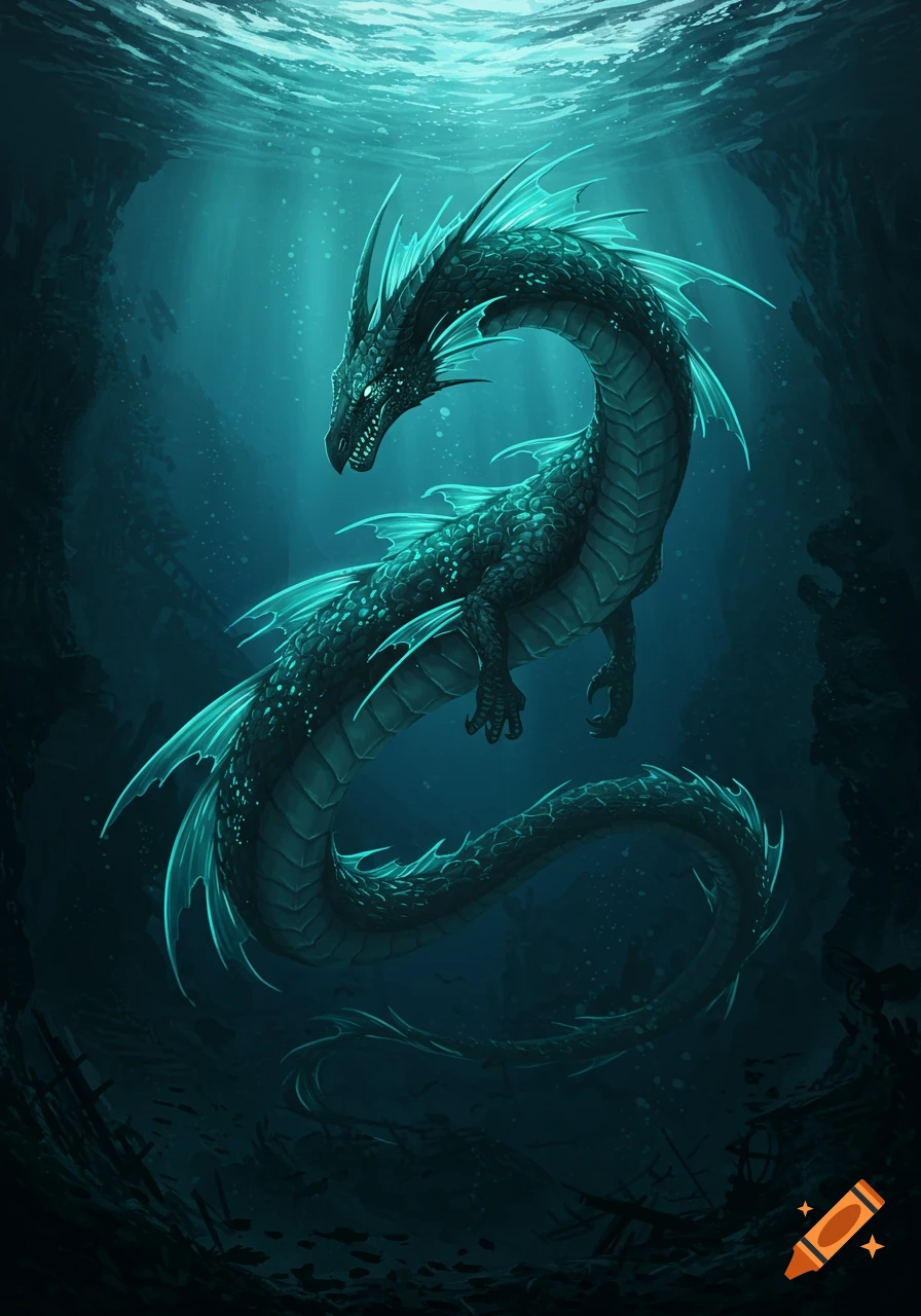 A majestic teal-glowing abyssal dragon swims gracefully in dark deep blue water with light rays from above, in a fantasy art style.