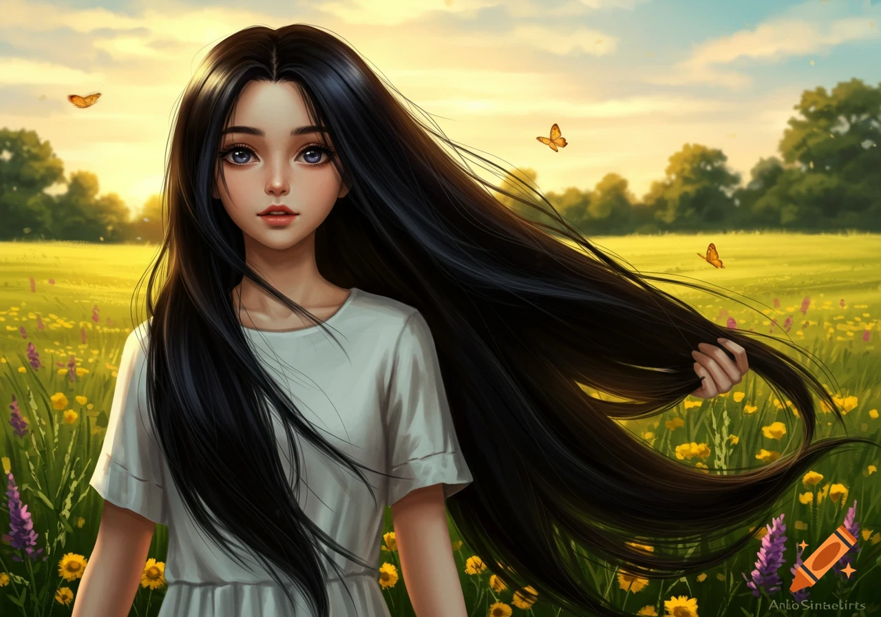 Stylized art of a young woman with long black hair and a white dress standing in a field of yellow and purple flowers with butterflies at sunset.