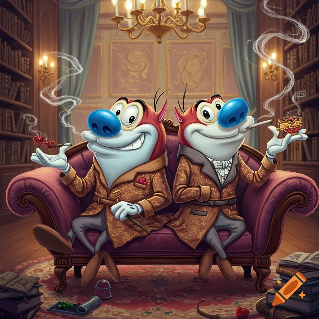 Ren and Stimpy, wearing robes, sit on a purple couch in a lavish library, smoking from stylized pipes. Cartoon art style.