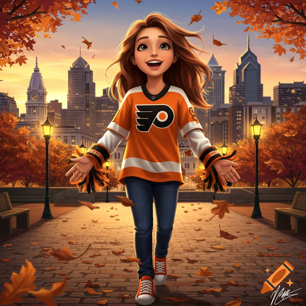 A cartoon girl in a Philadelphia Flyers jersey with outstretched arms walks through an autumn city park at sunset.