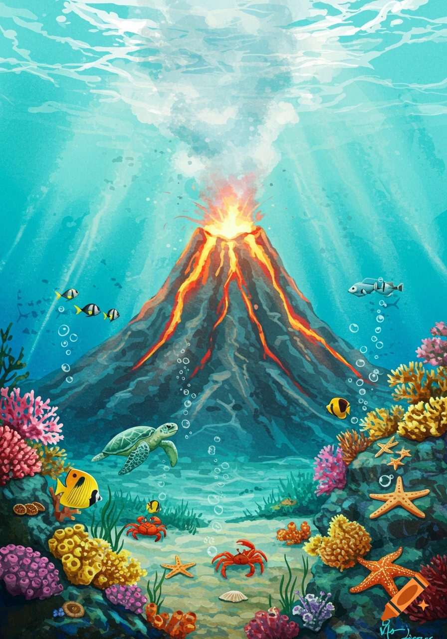 Dreamy watercolor of an erupting underwater volcano surrounded by a vibrant coral reef with fish, turtles, crabs, and starfish.