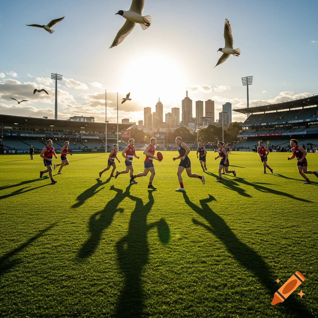 A group of male athletes play Australian Rules Football on a sunny green field with a city skyline and stadium in the background, as birds fly overhead.