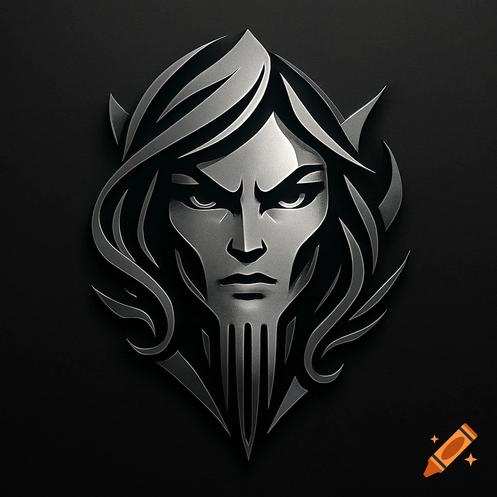 A stylized metallic logo of a stern female face with sharp features and flowing hair on a dark background.