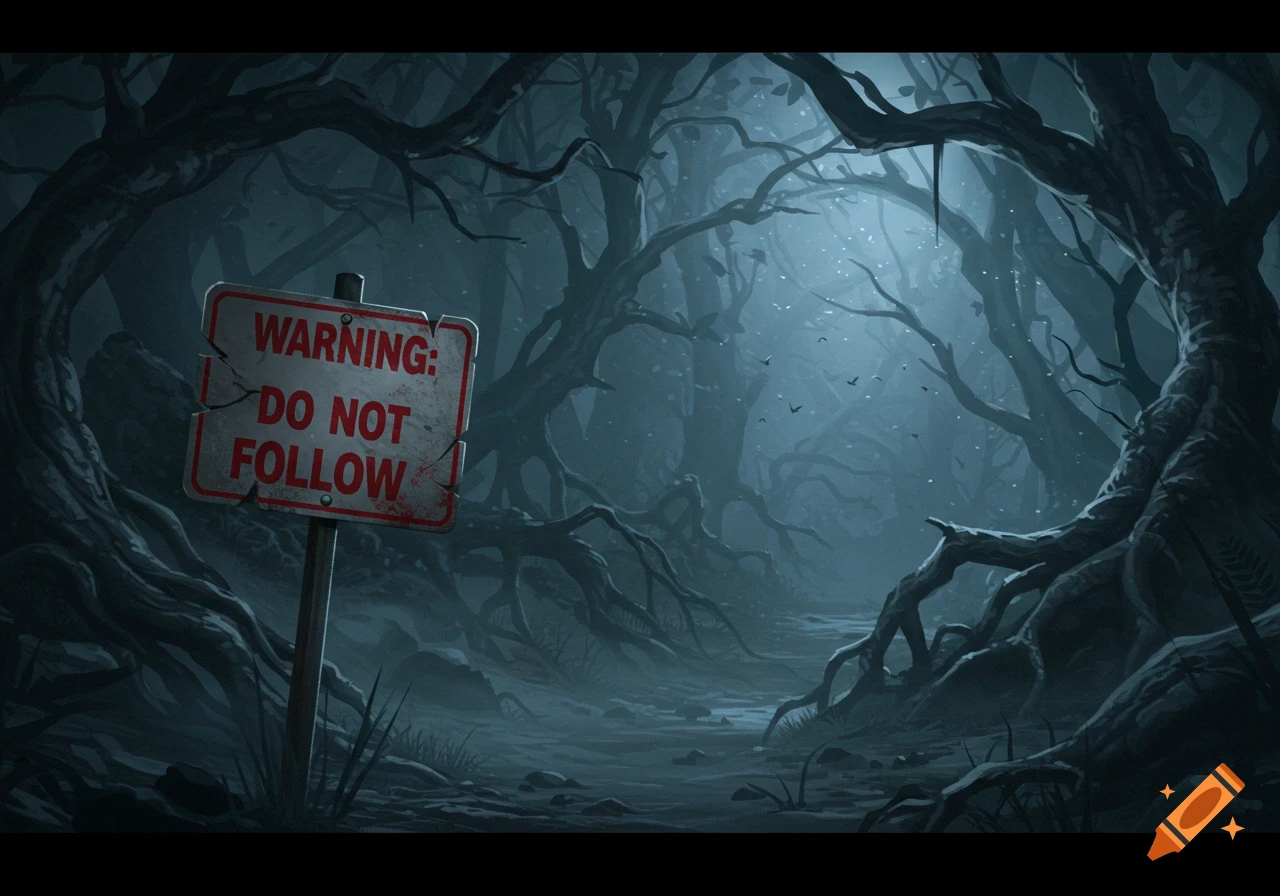 Atmospheric digital painting of a dark, eerie forest path with gnarled trees and a weathered 'WARNING: DO NOT FOLLOW' sign.