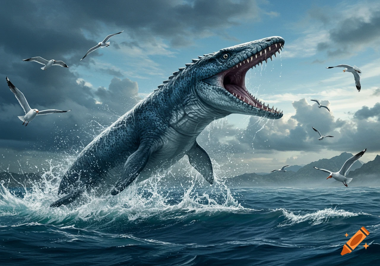 A colossal, photorealistic mosasaur breaches out of choppy ocean waves with its mouth wide open, surrounded by flying seagulls under a cloudy sky.