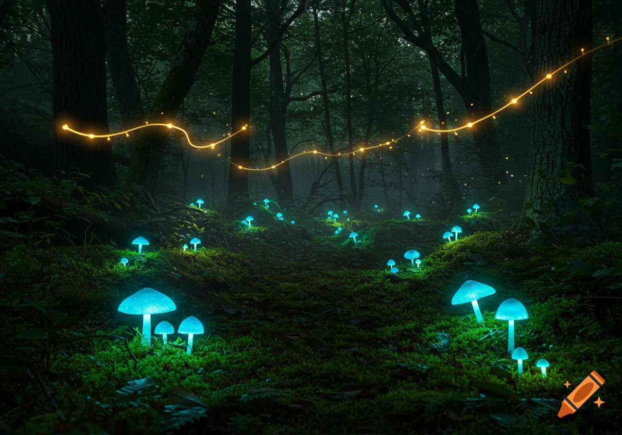 A dark, magical forest scene at night with glowing blue mushrooms on mossy ground and string lights hanging between trees.