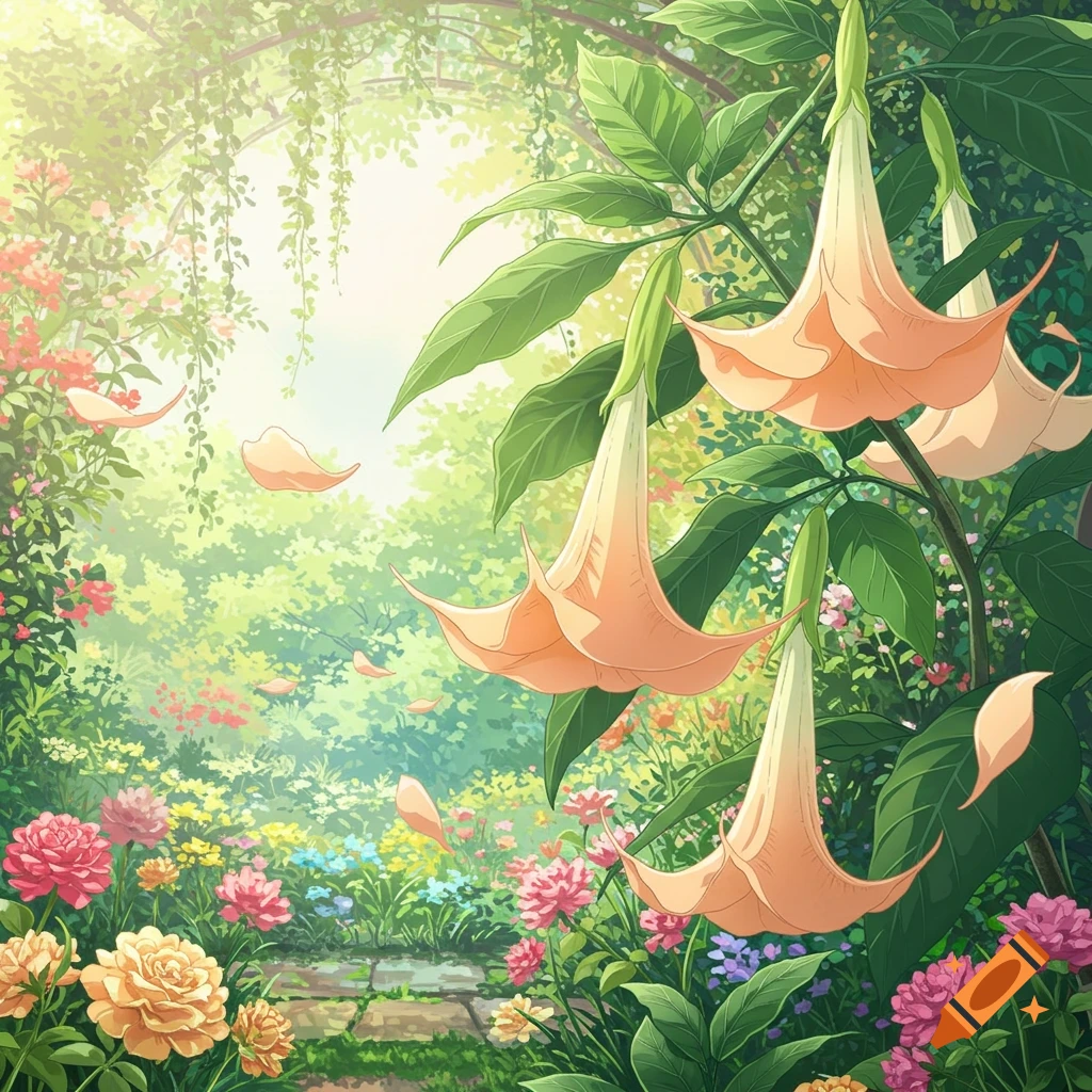 Lush anime garden with vibrant flowers, large pale orange bell-shaped flowers in the foreground, and a sunlit path.