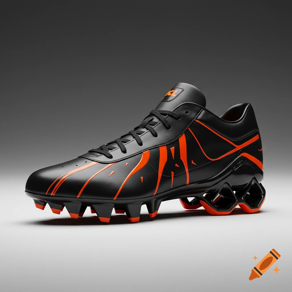 A photorealistic close-up of a black football boot with striking orange highlights and a textured sole.
