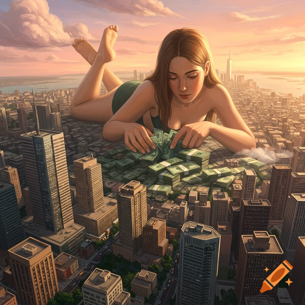 A giant woman in a swimsuit lays on a city skyline at sunset, counting stacks of money.