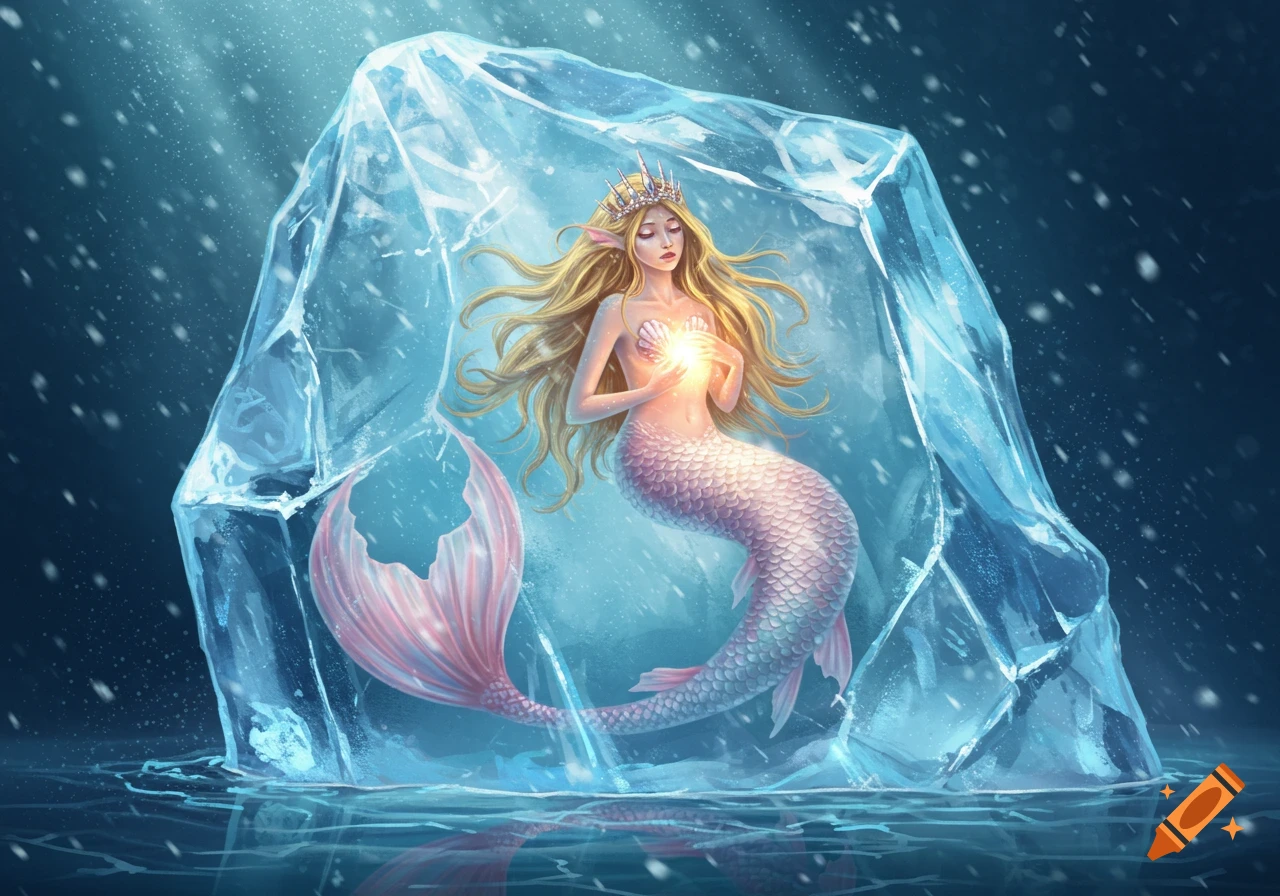 An illustration of a blonde mermaid princess with a pink tail, wearing a crown, frozen inside a large blue ice block, holding a glowing light.