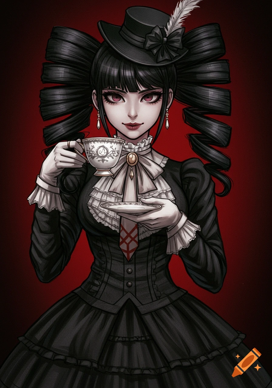 Anime character Celestia Ludenburg in a black gothic Lolita dress and hat, holding a teacup against a dark red background.
