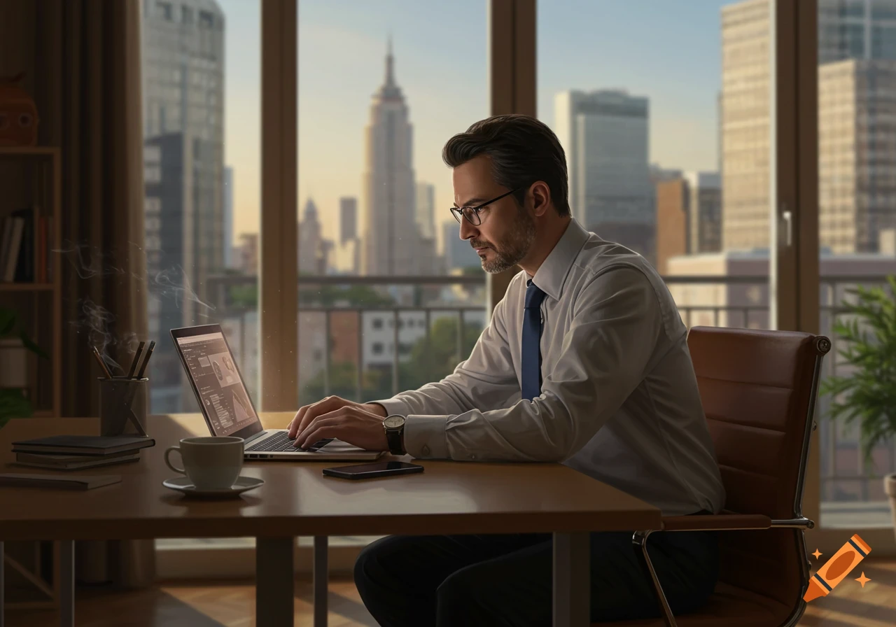 Photorealistic image of a man in a shirt and tie working on a laptop in a high-rise office with a city view.