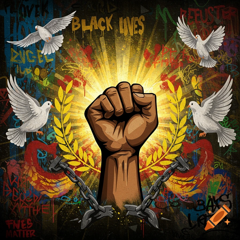 A stylized graphic of a raised fist breaking chains, surrounded by a golden laurel, doves, and spray-painted graffiti that reads 'BLACK LIVES'.