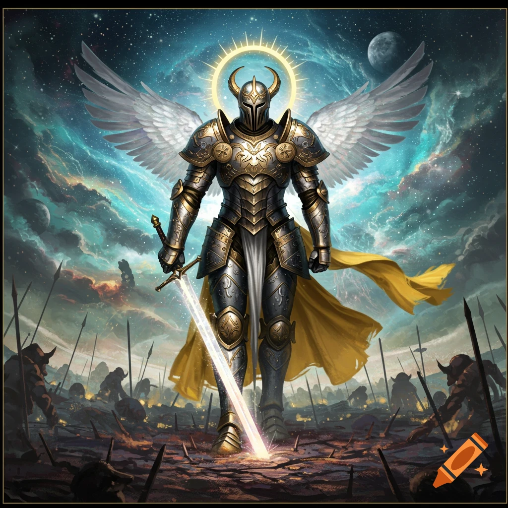 Majestic armored angel with white wings, glowing halo, and luminous sword stands on a battlefield under a cosmic sky.