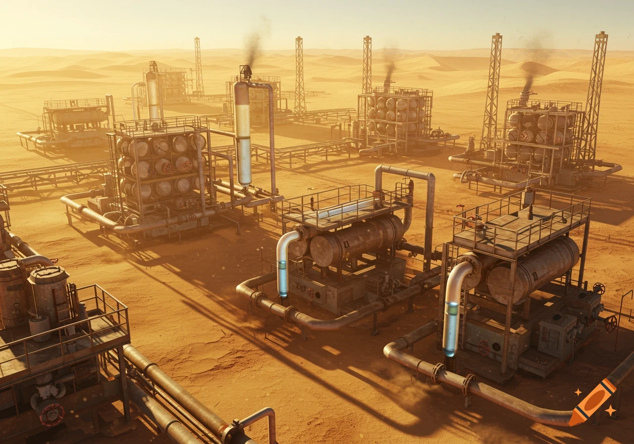 An aerial view of an industrial oil extraction facility with numerous pipes and tanks in a vast, sunny desert landscape.