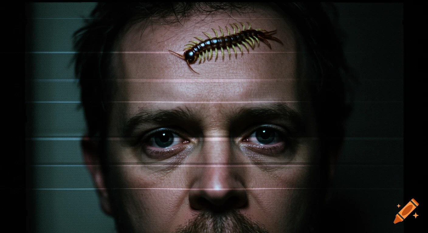 Close-up of a man with a centipede on his forehead, looking disturbed, with VHS scanlines and static. Photorealistic.