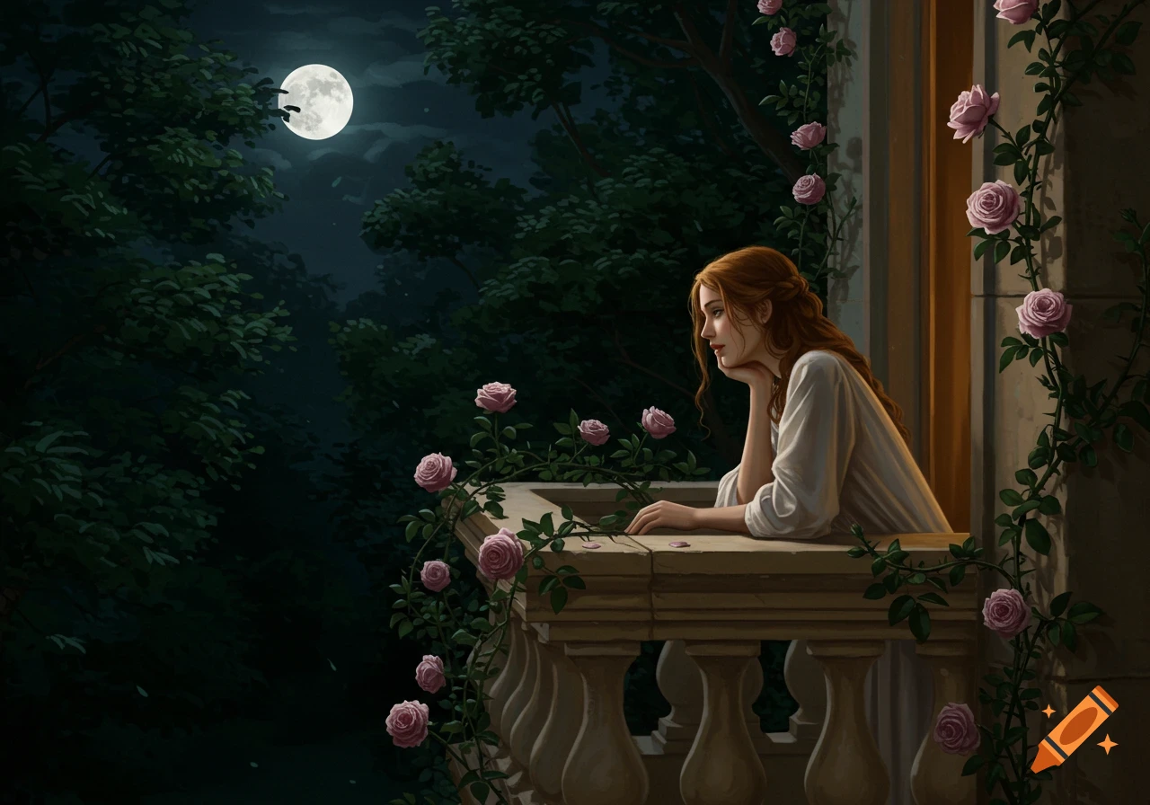 A red-haired noblewoman in a white gown leans on a rose-covered Baroque balcony, gazing at a full moon over a dark forest at night.