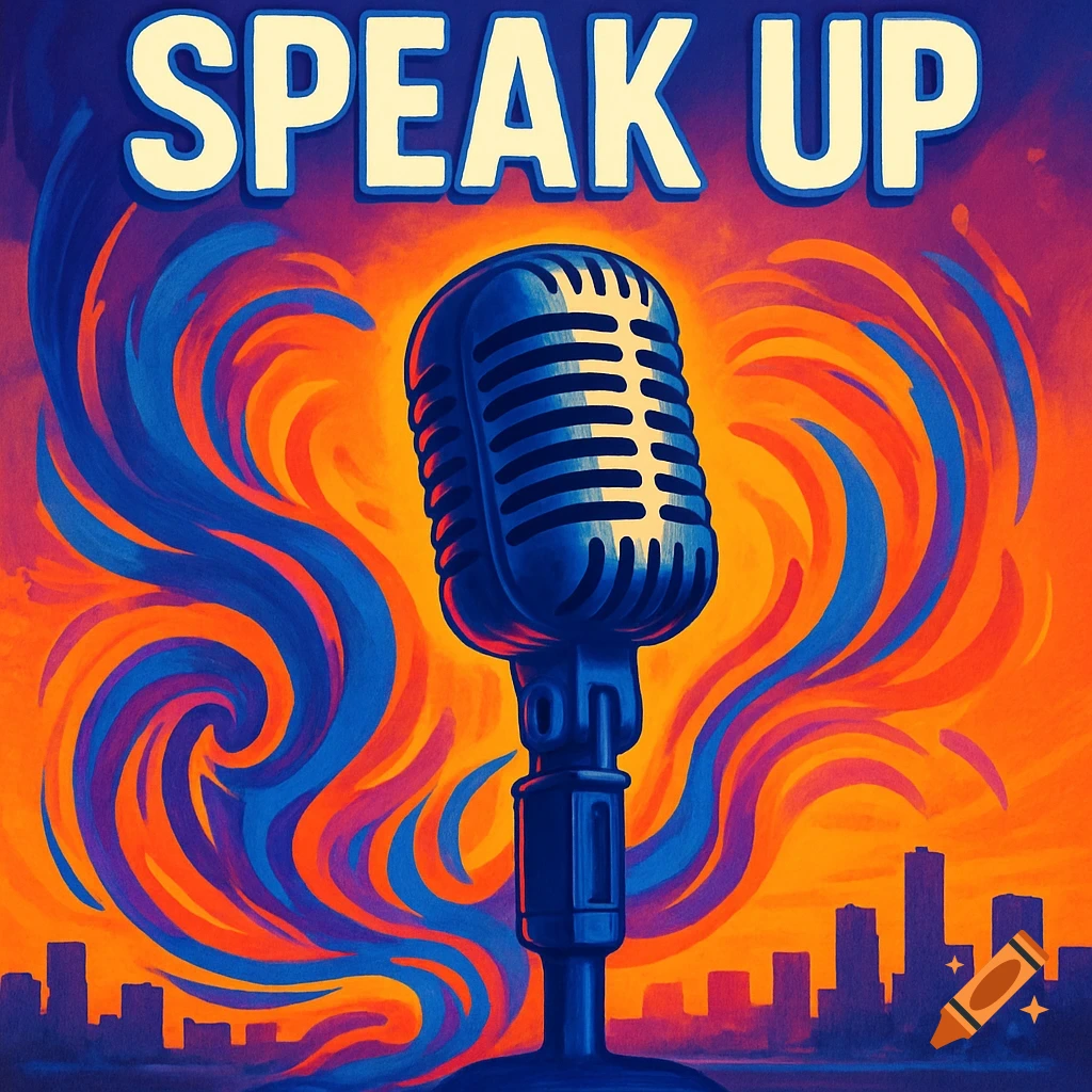 A vibrant poster with a blue vintage microphone centered against an orange and blue swirling background. Bold white text at the top reads "SPEAK UP". A dark city skyline is visible at the bottom.