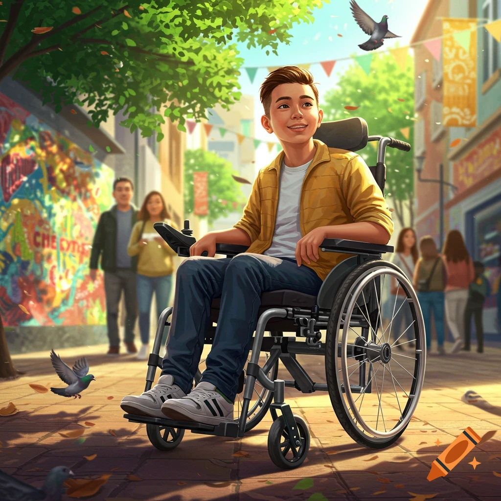 A young person in a wheelchair smiles on a sunlit city street with pigeons and colorful graffiti in an illustration style.