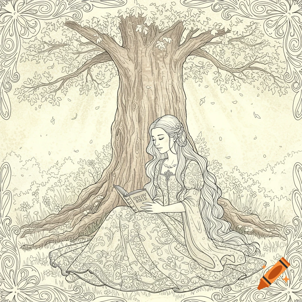 A girl in a medieval dress reads a book titled "GENEVA BIBLE" under a large tree in a forest, in a coloring book style.