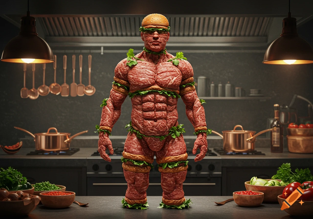 Photorealistic image of a muscular male figure made entirely of raw hamburger meat, wearing lettuce and cheese details, standing in a professional kitchen.