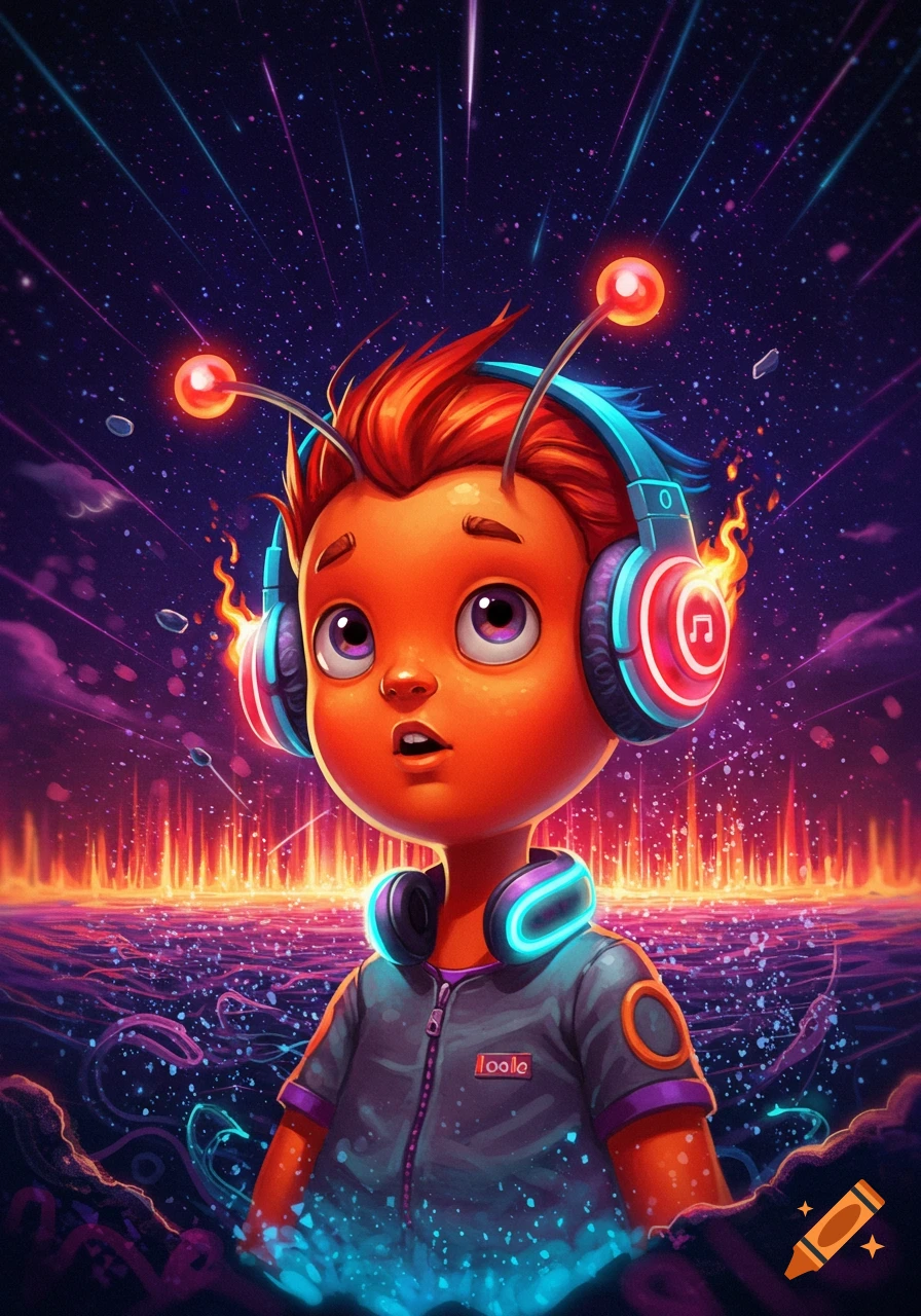 Vibrant digital art of a stylized orange boy with antennae and blue headphones, looking up at a starry, cosmic sky with light rays and glowing musical energy.