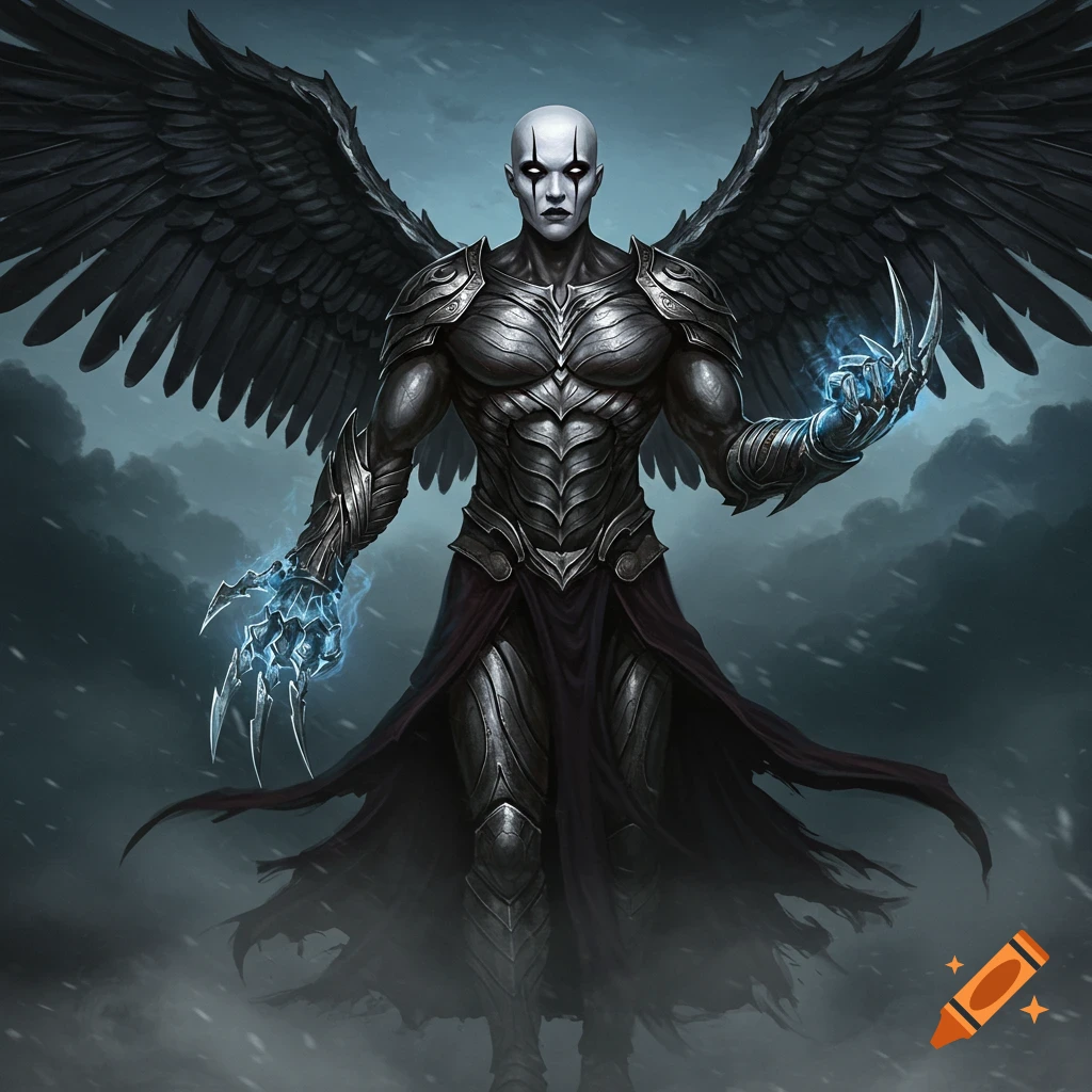 A dark fantasy figure with pale skin, black eyes, large dark wings, and metallic armor, holding glowing blue claws in a stormy sky.