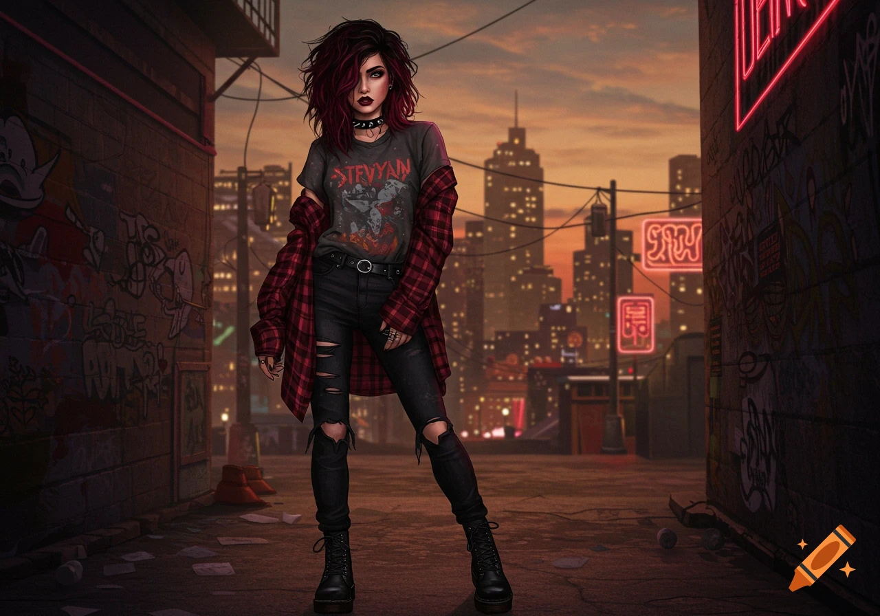 Digital art of a grunge woman with dark red hair, plaid shirt, and ripped jeans in an urban alleyway at sunset.