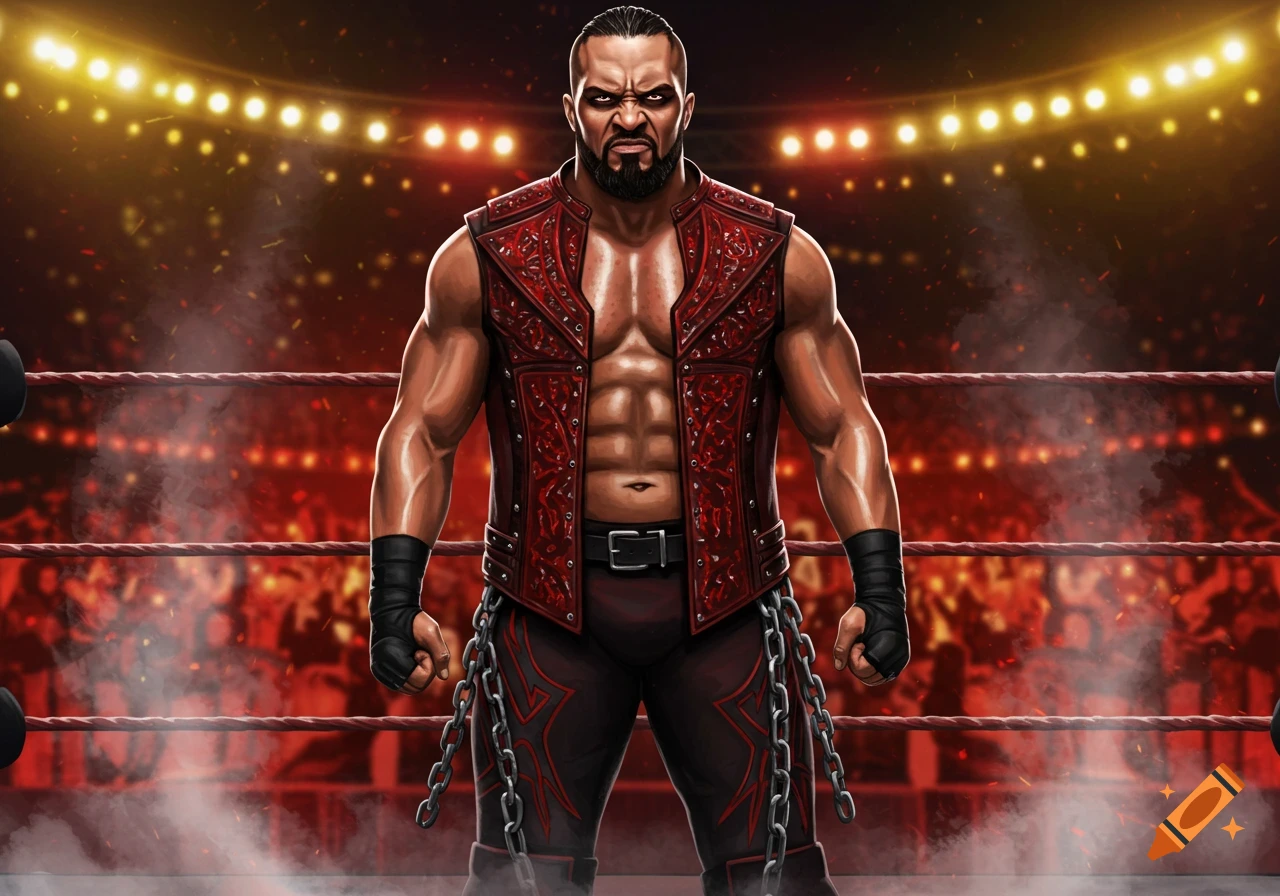 A muscular wrestler in a red vest and dark pants with chains stands in a wrestling ring with spotlights.