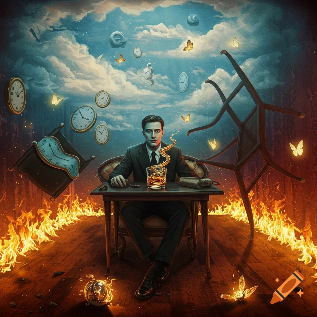A distressed man in a suit sits at a table with a drink, surrounded by fire on the floor, floating clocks, butterflies, and a falling chair in a surreal, Dali-esque scene of limbo.