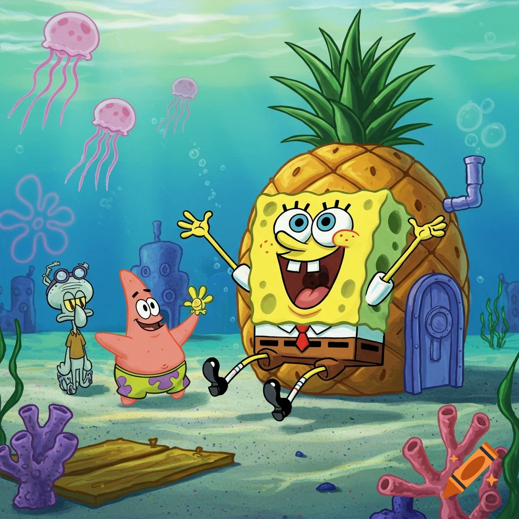 SpongeBob SquarePants with his pineapple house, Patrick Star, and Squidward Tentacles underwater with jellyfish, in a cartoon style.