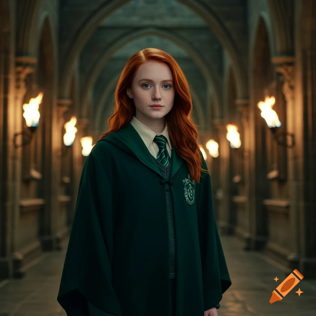 A realistic portrait of a young woman with long red hair and freckles, wearing a dark green Slytherin robe and tie, standing in a dimly lit, arched stone hallway with torchlight.