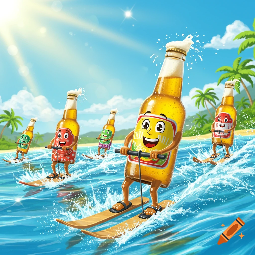 Cartoon beer bottles with happy faces water-skiing on a sunny ocean with palm trees in the background.