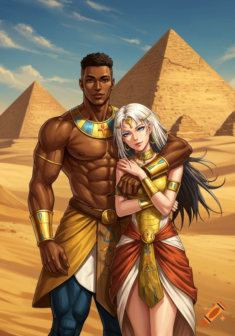Anime-style Egyptian-fantasy couple, a muscular man and a white-haired woman, stand in a desert with pyramids.